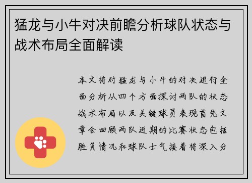 猛龙与小牛对决前瞻分析球队状态与战术布局全面解读
